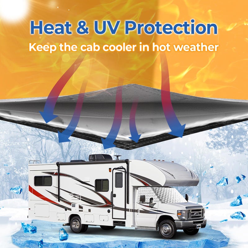 BougeRV RV Windshield Window Snow Cover for Class C Ford E450 1997-2025 Motorhome, Windshield Cover for Ice and Snow RV Front Window Sunshade Cover RV Accessories 4 Layers with Mirror Cutouts Silver - Image 2